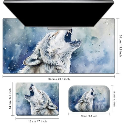 Desk Pad, Large Game Mouse Pad + Small Mouse Pad + Wrist Rest,Ergonomic Mouse Pad,Table Mat with Stitched Edge,Anti-Slip,Memory Foam Desk Mat for Home Office Gaming(23.6×11.8in),Grey Wolf - color: Grey Wolf