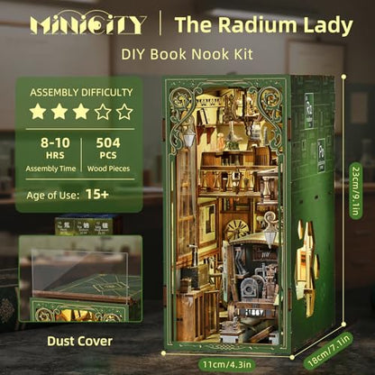 MiniCity Public Library Book Nook Kit, 3D Wooden Bookshelf Puzzle with LED | 7.1 x 9.1 x 7.1 in; 504-piece DIY kit with LED and dust cover; glue/tools included; 6-8 hr build for shelf display, ages 14+ - style: The Radium Lady