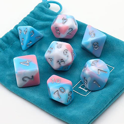 PJOY DND Dice Set 7PCS Blue Pink White D&D Polyhedral Dice with Velvet Dice Bag for Role Playing Dice Games Compatible with Dungeons and Dragons (Pastel Paradise) - color: Pink White Blue