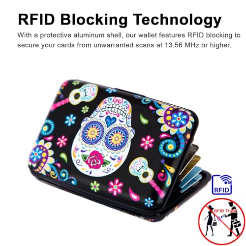 Credit Card Holder Small RFID Blocking Wallet Business Metal Slim Mini Aluminum Hard Case for Women Men - color: B Sugar Skull
