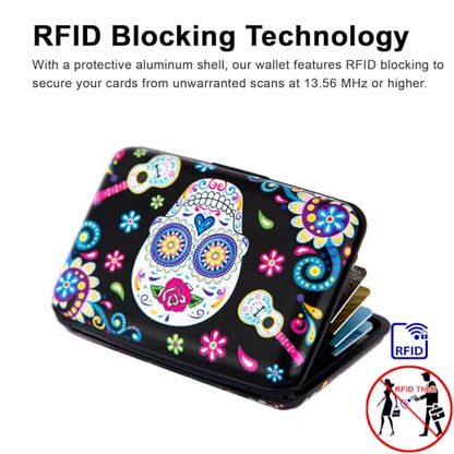 Credit Card Holder Small RFID Blocking Wallet Business Metal Slim Mini Aluminum Hard Case for Women Men - color: B Sugar Skull