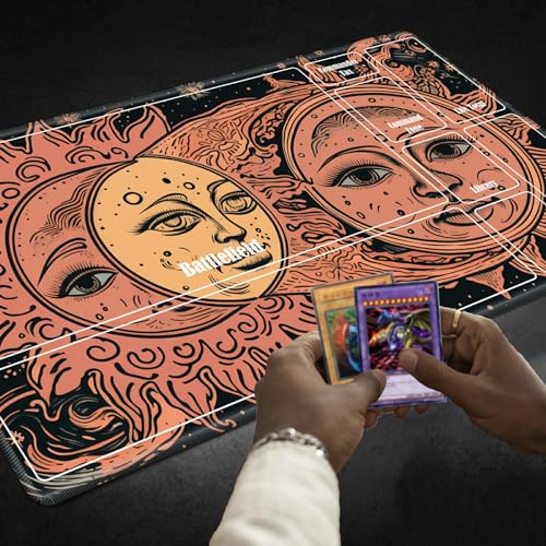 Board Game Mat TCG Playmat Plus 50 Pcs Card Sleeves, 24 x 14 inches Table Mats Games Mousepad with Zones Smooth Surface for MTG RPG CCG Trading Card Game Play Mats, Faces of Sun and Moon - color: Faces of Sun and Moon, size: Zone 1
