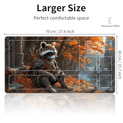 MTG Playmat with Magic Zone 27.5 x 15.7in Includes Storage Bag,TCG Playmat with Soft Surface Premium Non-Slip Rubber Backing Stitched Edges Durable Gaming Mat,Raccoon Knight - color: Raccoon Knight, size: 27.5"×15.7"With Zones