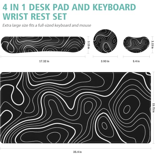 4 in 1 Large Mouse Pad,Keyboard Wrist Rest Set,Desk Mat with Stitched Edges Thicken Desk Pad,Wrist Support for Keyboard and Mouse,Desk Mat for Home Office Game(Black Marble) - color: Black Marble