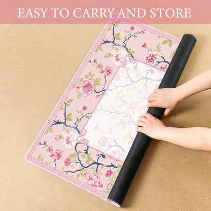 Chinoiserie Mahjong Mat with 1 Carrying Bag 31.5 x 31.5 Pink and White Rubber Anti Slip and Noise Reduction Multi Purpose Game Table Cover for Mahjong, Card, Board Tile Games - color: Pink and Green