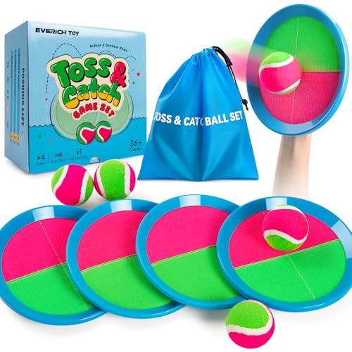 Toss and Catch Ball Game Set, Upgraded Sticky Paddle Ball Set for Kids & Toddlers, Sturdy & Water-Resistant Outdoor Backyard Beach Pool Toy, Birthday Gift for Boys Girls Ages 3-12 - color: Pink Green, size: 4 Paddles 4 Balls