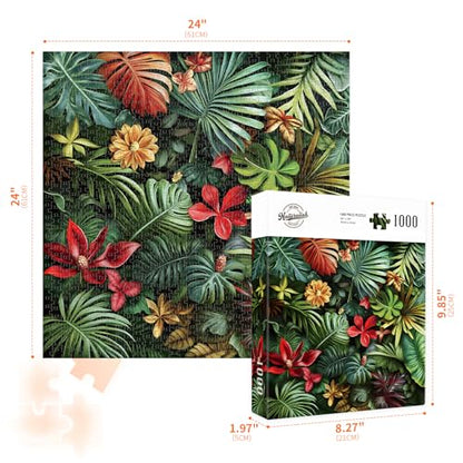 Jigsaw Puzzles for Adults 1000 Pieces, FernLeaf | Tropical Rainforest Jungle with Plants Floral, Challenging Art Puzzle, Square 24x24 Inches - color: Fernleaf