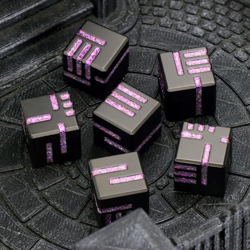 D6 Dice Set of 6 Pcs, 16mm Cool Fancy 6 Sided Dice, Metal D6 for DND, RPG, Dungeons and Dragons (Matte Black & Glitter Purple) - color: D6 Glitter Purple