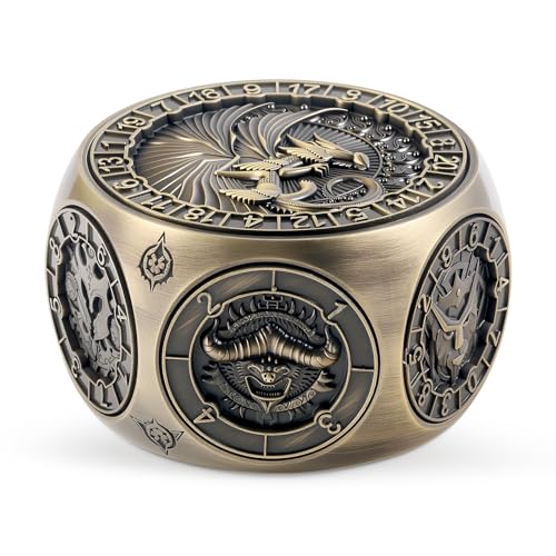 DNDND 8-in-1 Spinner Dice with Dual D20 - Hexagonal Metal D&D Monster Themed Dice Set for TTRPG Dungeons and Dragons, Dungeon Masters with Collectible Gift Tin (Brass) - color: Brass