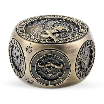 DNDND 8-in-1 Spinner Dice with Dual D20 - Hexagonal Metal D&D Monster Themed Dice Set for TTRPG Dungeons and Dragons, Dungeon Masters with Collectible Gift Tin (Brass) - color: Brass