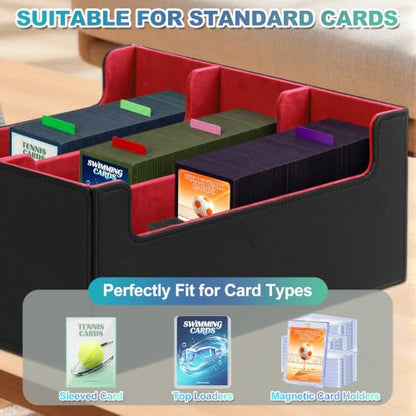 Trading Card Storage Box, Holds 1800 Sleeved Card, PU Magnetic Closure | 200 Toploaders and 600 Penny Sleeves INCLUDED, 10 Dividers and 6 Foam Stoppers INCLUDED, Fit for MTG, TCG and Sports Cards - color: Black and Red