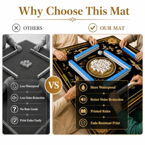 Black Mahjong Mat for Table, American Mahjong Mat with Rules, 31.5''x31.5'' | Non-Slip & Noise Reduction Mah Jongg Gift with Carrying Bag for Poker, Board Games, Dominoes, Cards & Tile Games - color: Luxury Black Gold