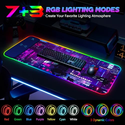 RGB Mouse Pad with 15W Wireless Charging, Purple Anime Neon Extended Large LED Gaming Mouse Pad Non-Slip Rubber Base, 10 Light Modes Desk Pad for Home Office-Warrior Cat - color: Warrior Cat