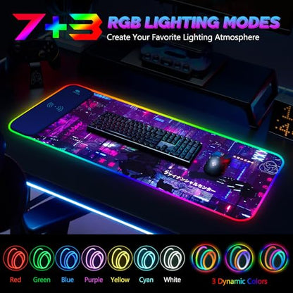 RGB Mouse Pad with 15W Wireless Charging, Purple Anime Neon Extended Large LED Gaming Mouse Pad Non-Slip Rubber Base, 10 Light Modes Desk Pad for Home Office-Warrior Cat - color: Warrior Cat