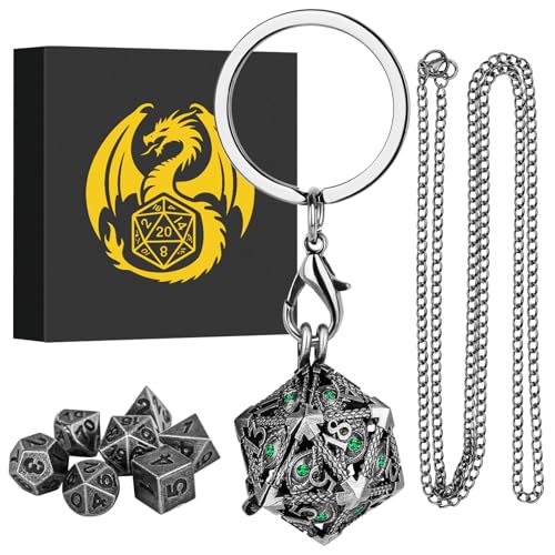 Mini DND Dice Set with Hollow D20 Metal Case Portable Keychain Necklace, Tiny 7pcs Polyhedral D&D Dice Set, DND Gifts with Gift Box, D&D Accessories for RPG（Green Diamond, Silver） - color: Dark Silver