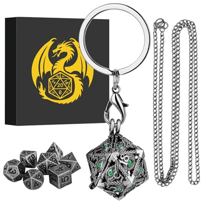 Mini DND Dice Set with Hollow D20 Metal Case Portable Keychain Necklace, Tiny 7pcs Polyhedral D&D Dice Set, DND Gifts with Gift Box, D&D Accessories for RPG（Green Diamond, Silver） - color: Dark Silver
