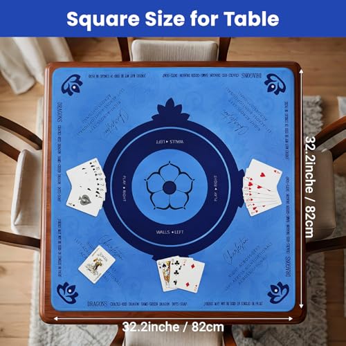 Mahjong Mat with Rules, 32.2 Inch Square Mahjong Mats for Table, Noise Reduction Mah Jong Mat, Rubber Anti-Slip Base for Board Games, Tiles Game & Dominoes Blue - color: Blue