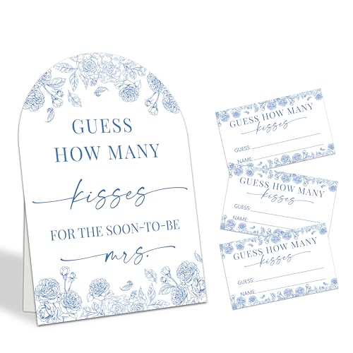 Guess How Many Kisses For The Soon-To-Be Mrs Game Set, 50 Guess Cards With 1 Standing Sign, Floral Blue Bridal Shower Wedding Bachelorette Engagement Party Decor & Activity Supplies - A03 - color: Floral Blue