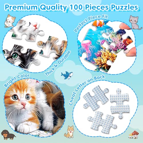 4 Packs 100 Piece Puzzles for Kids Ages 4-6 6-8 8-10, Cats Dogs Sea World Mushroom Large Piece Puzzle for Seniors 100 Pieces Adults Jigsaw Puzzle Learning Educational Xmas Toys for Boys and Girls - style: Cats Dogs Sea World