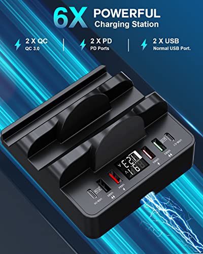 Wireless Charging Station with 6 USB Ports, 8 in 1 15W Dual Wireless Charger Station, 2 QC/2 PD USB Fast Charging Station, 80W Phone Charger for iPhone14/13/12/11/X/Samsung/Android/iWatch