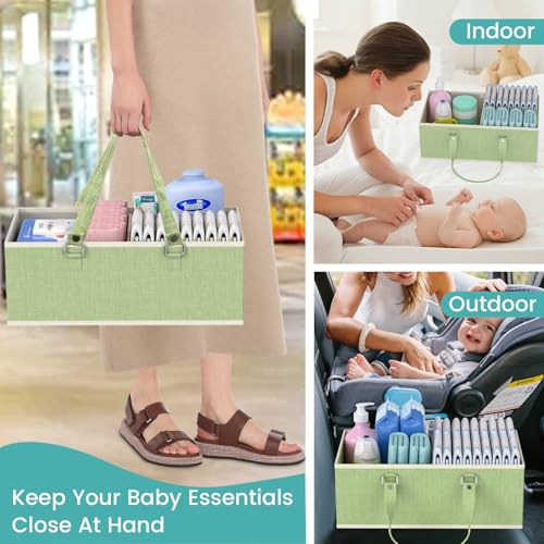 2in1 Baby Diaper Caddy Organizer Cart, 3-Tier Rolling Cart, Metal Diaper Caddy Carts, Bedside Carts for Nursery Essentials Storage, Detachable Dividers, Large Capacity, Green - color: Green