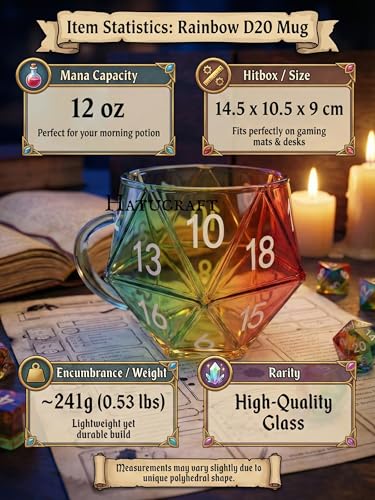 Rainbow Glass D20 Dice Mug – 12oz Iridescent Polyhedral Cup for Tabletop RPG Gaming – Unique D&D Gifts for Men, Game Masters– Novelty Coffee Dice Cup - style: Game