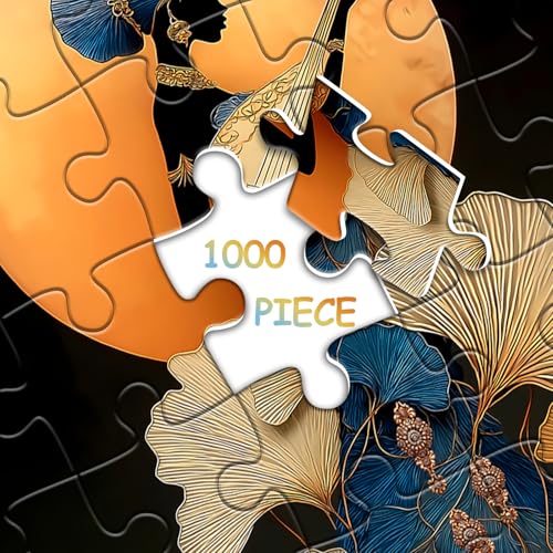 Impossible Puzzles for Adults 1000 Pieces，Music Lady Puzzles, Black Woman Puzzle Art Feature Leaf Moon Musical Instruments,Elegant Puzzle as Wall Decor - style: Moonlit Lute Woman puzzle
