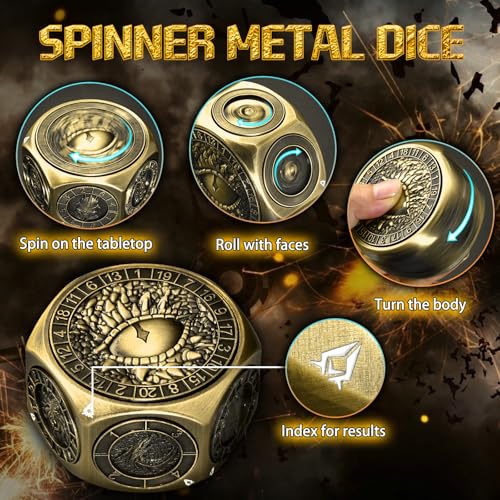 ZHOORQI 8-in-1 DND Dice Set – Metal Spinner Dice with Dual D20, 3D Monster Engravings & Smooth Spinning – Perfect for TTRPG, D and D Dungeons and Dragons Gifts (Bronze) - color: Bronze