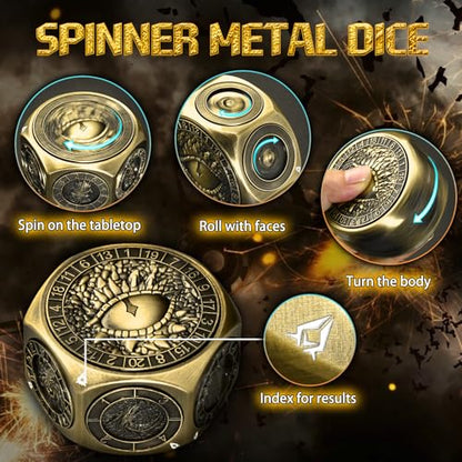 ZHOORQI 8-in-1 DND Dice Set – Metal Spinner Dice with Dual D20, 3D Monster Engravings & Smooth Spinning – Perfect for TTRPG, D and D Dungeons and Dragons Gifts (Bronze) - color: Bronze