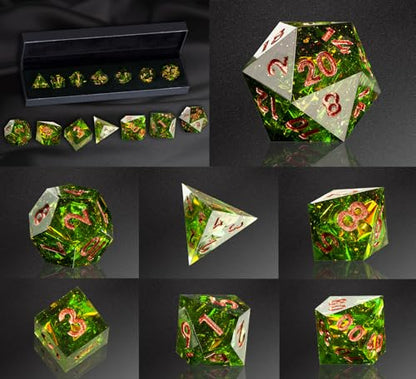 DND Resin Sharp Edge Polyhedral Dice Set,for Dungeons and Dragons RPG MTG Table Games,7 Pcs Handmade Gemstone Dice Set - color: Verdant Gild