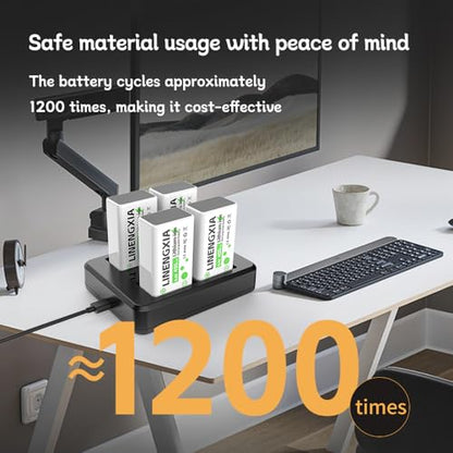 9V 450mAh Li-ion Rechargeable 4-Pack with 4-Slot Charger | 4-Slot Smart Charger, Independent Charging, MCU Protection, for Mics/Multimeters/Alarms, 1200 Cycles