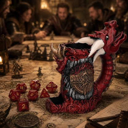 Dice Tower Mug, Dice Rolling Tower, Comes with 7 PCS Dice Set, Suitable for DND Dungeons and Dragons, Tabletop Games, Available As Drink Holder, D&D Gifts, DND Accessories (Gray-red Dragon) - color: Gray-red Dragon