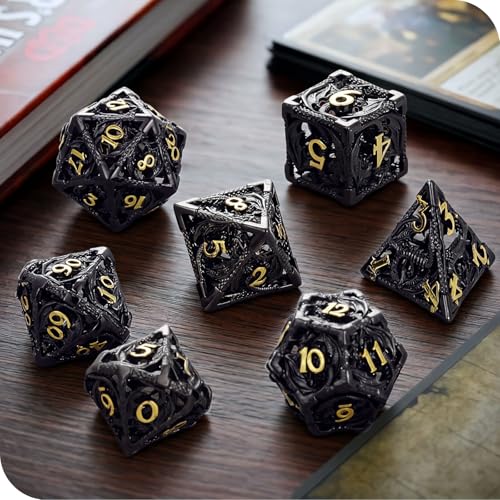 MoKo Dragon Hollow Metal DND Dice Set, Black+Gold | 7 Pcs Polyhedral, D20 D12 D10 D8 D6 D4, For Dungeons and Dragons RPG Games, With Gift Box - color: 4 - Black+gold
