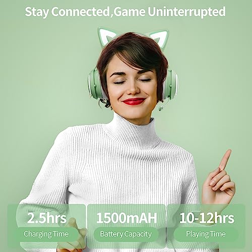 EASARS Cat Ear Headphones, Gaming Headset (Wireless, Green) - color: Green, style: Wireless