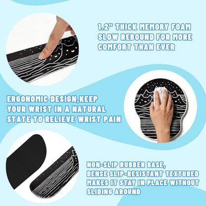 Black White Cat Desk Mat Set Minimal Mountain Ocean Night Mouse Pad with Wrist Rest 4in1 Desk Mat for Desktop Ergonomic Keyboard Wrist Support Anti-Slip Computer Mouse Pad Home Office Gaming - color: Black White Cat