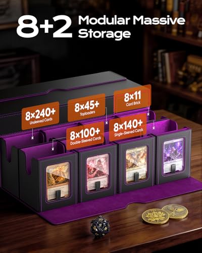 MoKo Commander Deck Box for MTG with Handle & Dice Tray, 8+2 Modular Design | 8-Deck Modular Card Case, Magnetic Holders & Dividers Included, Holds 1040+Double-Sleeved Cards, Playmat Storage, Fit TCG/EDH - color: Black Purple