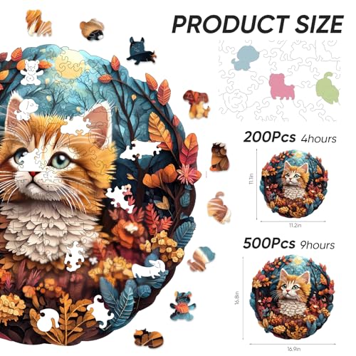 Qiuenisray Wooden Puzzle, Cute Cat Puzzle 500 Pieces Unique Shape Advanced Wooden Jigsaw Puzzle, Challenge Jigsaw Puzzle for Family Game 16.9x16.8 in - color: Cute Cat, size: 500pcs