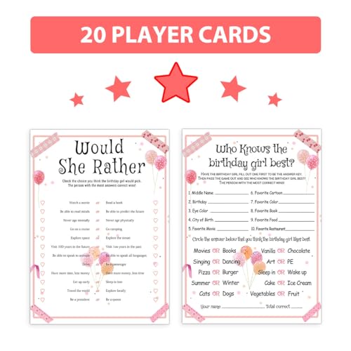 ALodr 20 Pcs Who Knows the Birthday Girl Best, Would She Rather Games for Girl Birthday Party, Funny Birthday Party Games, Double Sided, 5x7 Inches - color: Balloon, size: 2 in 1 (Set 1)