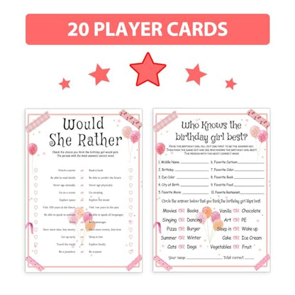 ALodr 20 Pcs Who Knows the Birthday Girl Best, Would She Rather Games for Girl Birthday Party, Funny Birthday Party Games, Double Sided, 5x7 Inches - color: Balloon, size: 2 in 1 (Set 1)