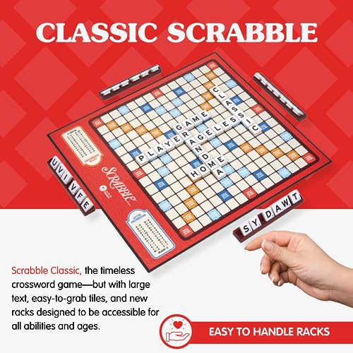 JOY FOR ALL Games - Scrabble Bingo 3-in-1 Word Games - Classic, Bingo, & Pass - New Easy to Grasp Tiles & Racks - Fun Family Board Game for Seniors, Kids, Teens, and Adults - style: Classic Scrabble & Bingo