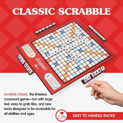 JOY FOR ALL Games - Scrabble Bingo 3-in-1 Word Games - Classic, Bingo, & Pass - New Easy to Grasp Tiles & Racks - Fun Family Board Game for Seniors, Kids, Teens, and Adults - style: Classic Scrabble & Bingo