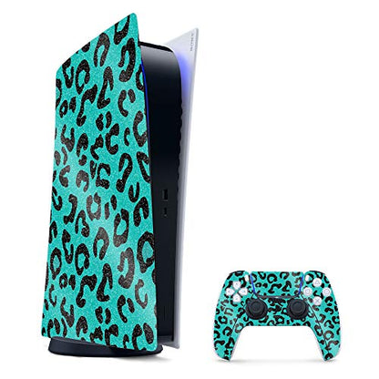 MightySkins Glossy Glitter Gaming Skin for PS5 / PlayStation 5 Digital Edition Bundle - Teal Leopard | Durable High-Gloss Glitter Finish | Easy to Apply and Change Styles | Made in The USA - color: Teal Leopard, size: PlayStation 5 Digital Edition Bundle