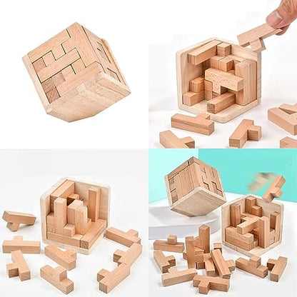 Wooden Brain Teaser Puzzles Box Brain Teasers Wooden Puzzle T-Shaped Geometric Intellectual Jigsaw Logic Cube Puzzles Mind Games for Kids and Adults - color: Original