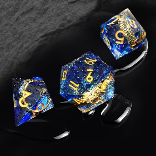 Golden Ring DND Dice Set, 7pcs D&D Polyhedral Sharp Edge Resin Dice with Box, Rings Dice Set for Role Playing Dungeons and Dragons, Playing Games for D and D MTG RPG Table Game Gifts (Blue) - color: Ring Blue, style: Ring