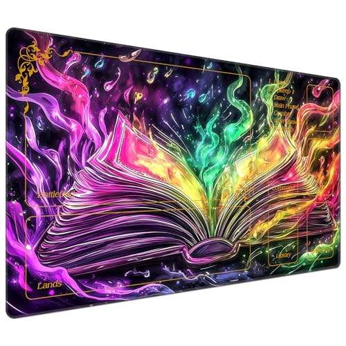 DEGDFSGR for MTG Playmat with Zones 24 x 14 inches for TCG Playmats Non-Slip Rubber Base Commander Play Mat for MTG Mat Iorcana Trading Card Game, Colorful Light Magic Book - color: Colorful Light Magic Book, size: 24" x 14"