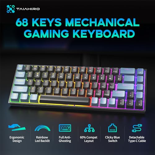 60% Percent Mechanical Gaming Keyboard, RGB Backlit 68 Keys Ultra-Compact Wired Keyboard with Detachable Type-C Cable, Full Anti-Ghost, Blue Switch Portable Mini Keyboard for Windows PC Mac Xbox Gamer
