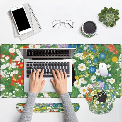 Arttown Keyboard Mouse Pad Set, 4 in 1 Desk Mat Set Cat Flower Cute | Black Red Large Mousepad+Keyboard Wrist Rest+Mouse Wrist Rest+Coaster Ergonomic Design for Home Office Computer - color: Black Cat