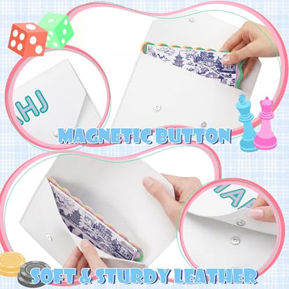2 Pcs Leather Mahjong Card Bag Clutch Pouch Holder with PU Squeeze Dice Bag Mahjong Accessories Protector Cover Case for MAHJ Lover Playing Game Night(White) - color: White