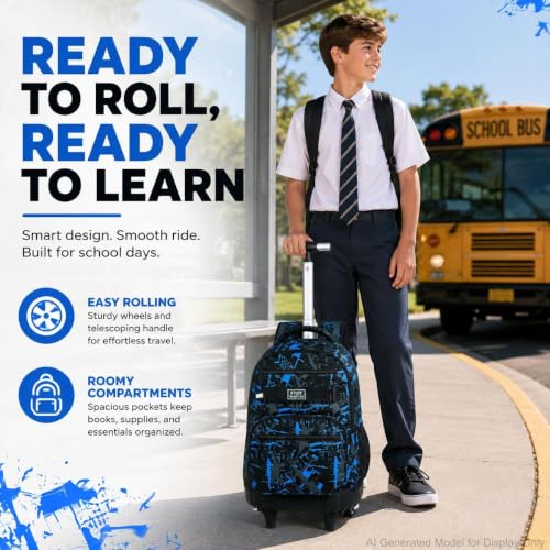 3Pcs Rolling Backpack for Boys Men, Travel Roller Backpacks with Wheels for Adults, Teens College Graffiti Wheeled Bookbag with Lunch Box(Blue) - color: Airbrush Blue