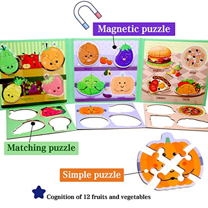 Magnetic Puzzles for Kids Ages 3-5, Travel Toddler Food Puzzle Toy | Refrigerator Magnet Game for Ages 4-6, Learning & Birthday Gift for Boys, Car Airplane Road Trip Quiet-Time Activity Toys - style: Food